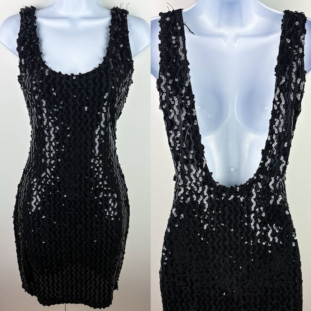 Y2K Sequin Black Low Open Back Cocktail Bodycon Shimmer Sparkly Hoco Mini Dress
